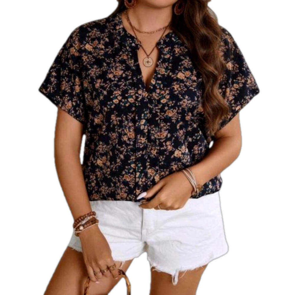 SHEIN, Navy Ditsy Floral, Blouse, Notched Neckline, Cap Sleeves, Lg, EUC, Donate